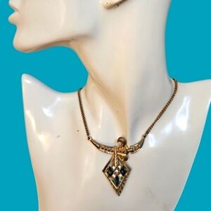 Antique Czech Aquamarine Glass Sword Shield Pendant Chain Necklace